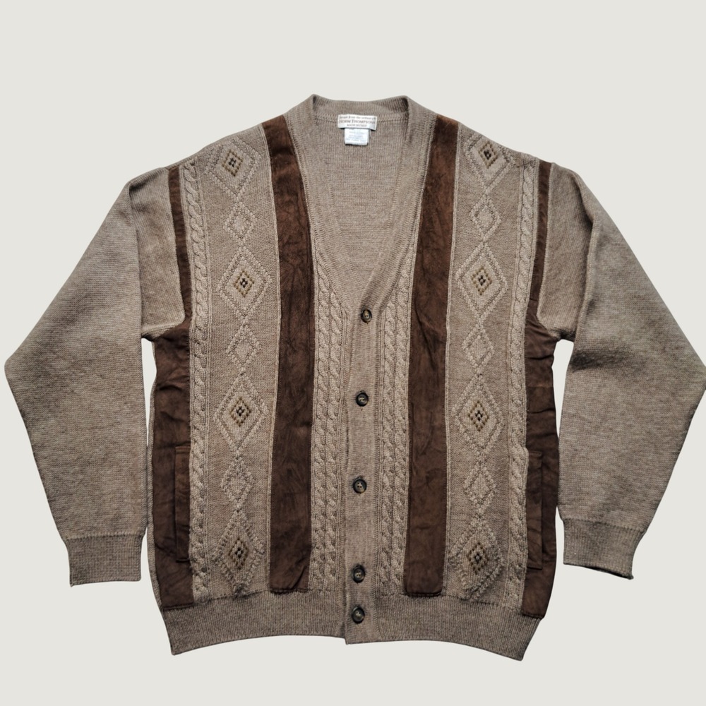 Norm Thompson Cardigan Sweater Mens L Tan Brown Excellent Merino Wool Italy Knit